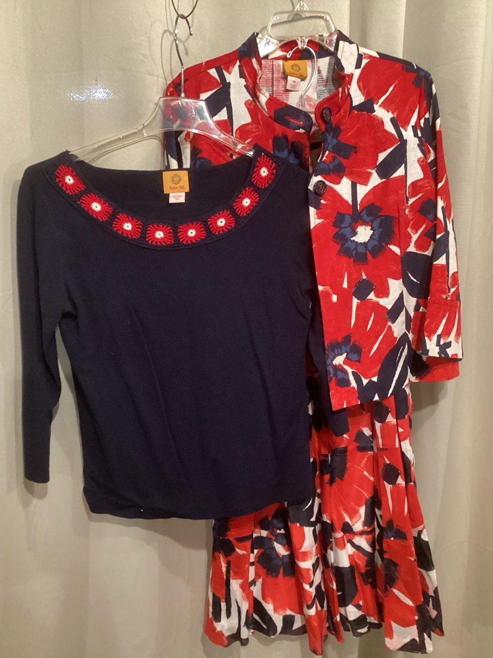 Three-Piece Red, Navy & White Floral Skirt Set w/ Navy Embroidered Top & Jacket